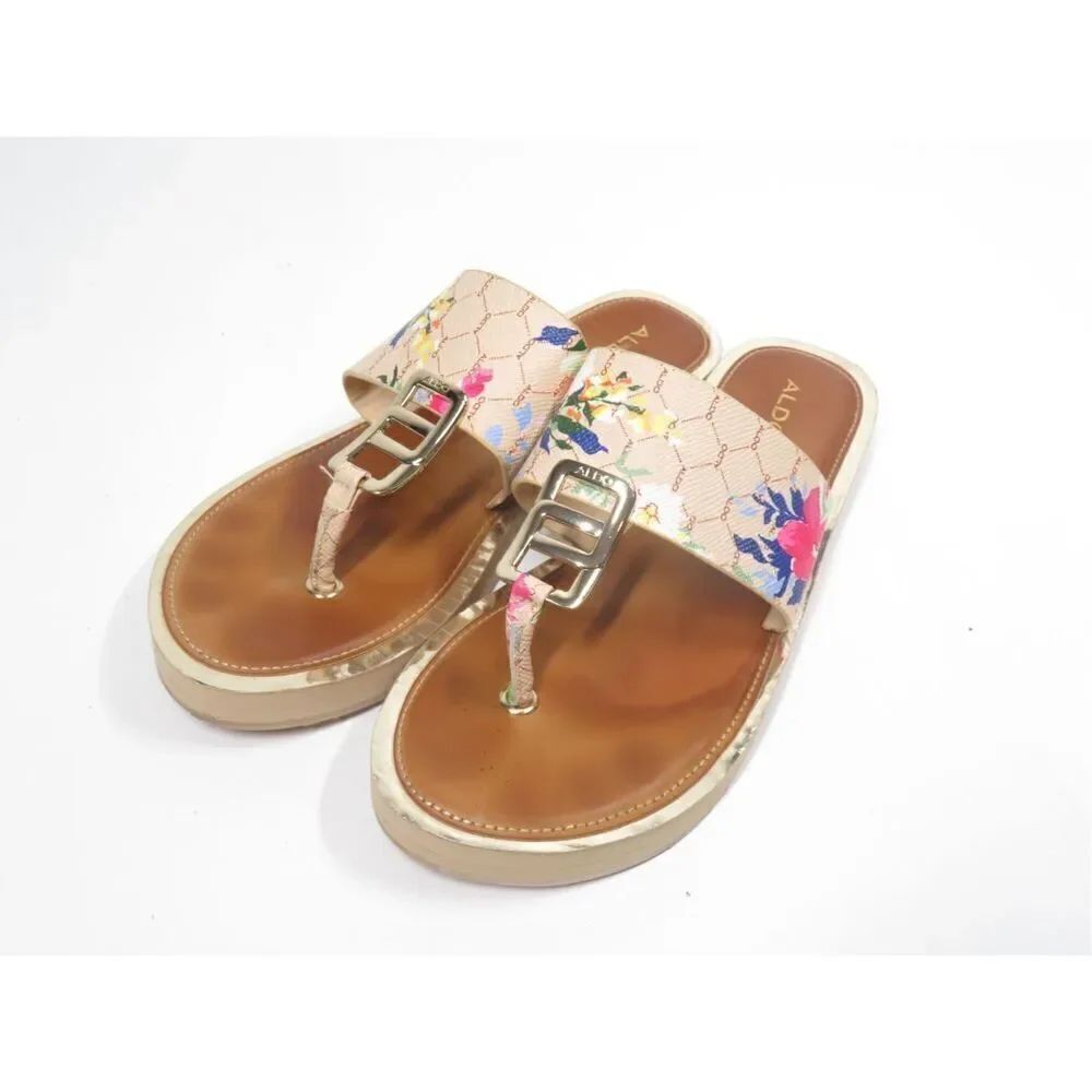 Aldo Daliah Floral Sandal Flip Flop Blush Brown Gold Size Women 10 Rare